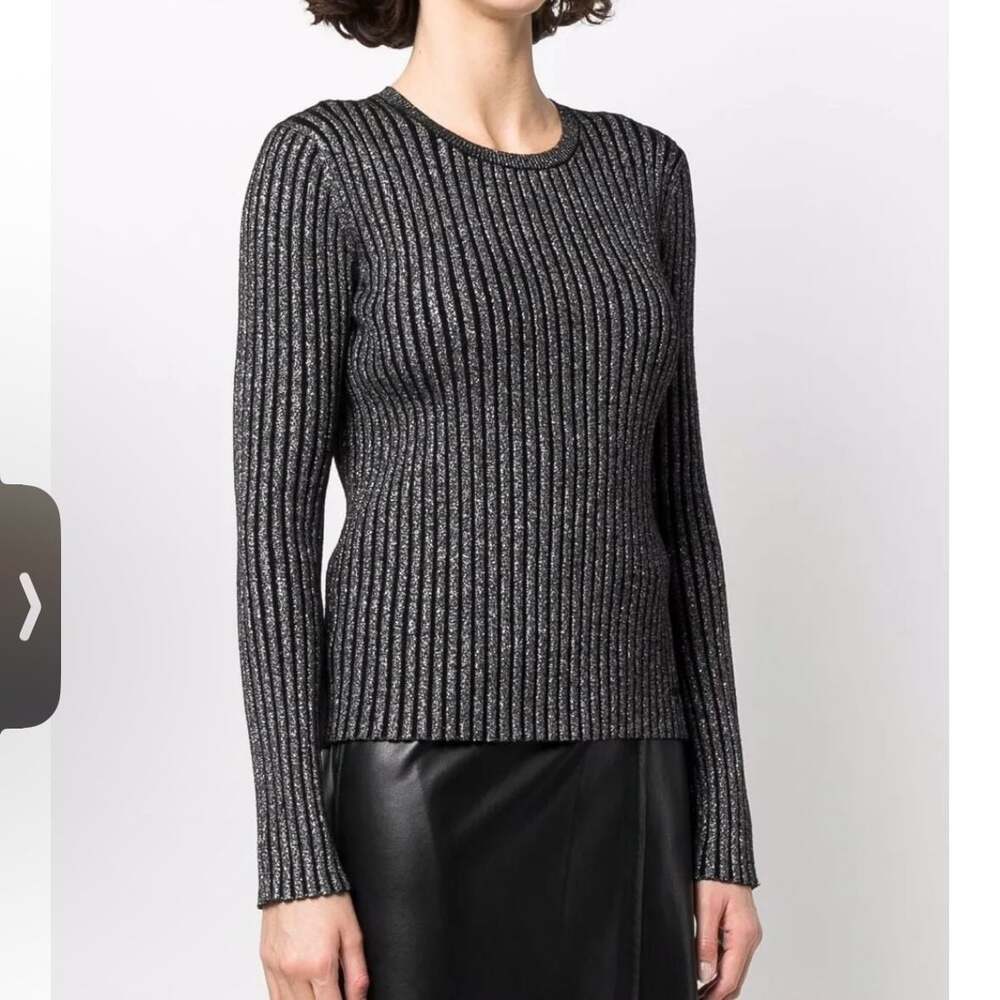 MSRP $448- Tory Burch Merino Wool Lurex Stripe Crewneck Sweater Black Silver, L
